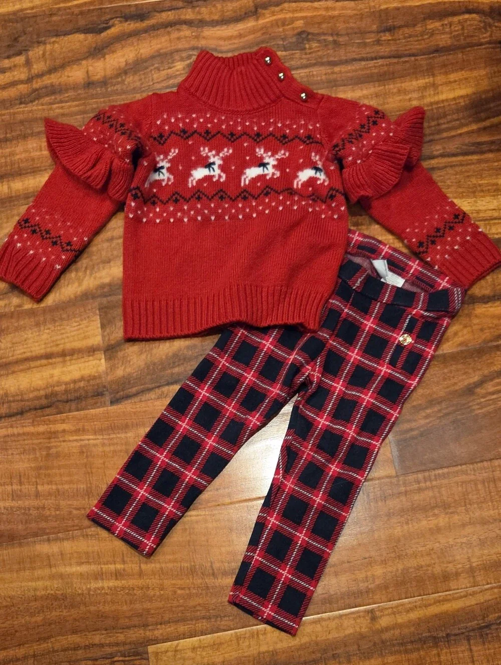 Janie and Jack EUC 18-24 Months Red Reindeer Sweater & Red/Navy Plaid Pants